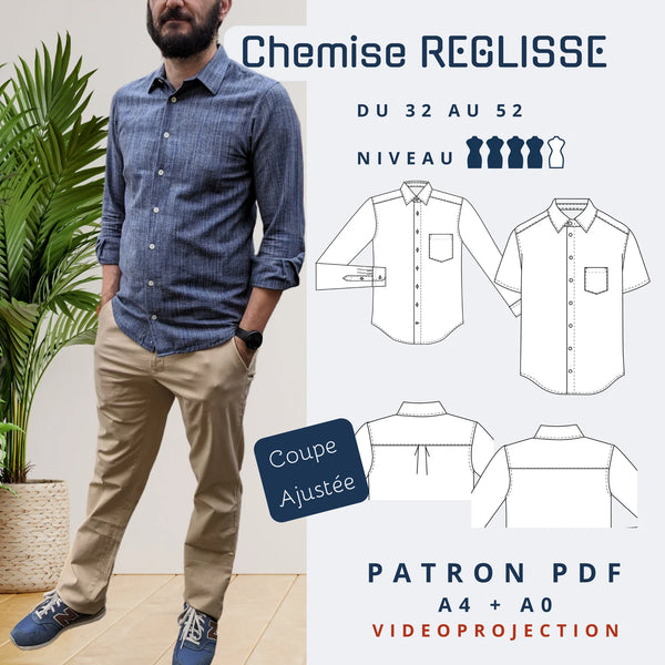 PDF - patron digital de la chemise Réglisse de Lamericana du 32 au 52 (Fr)