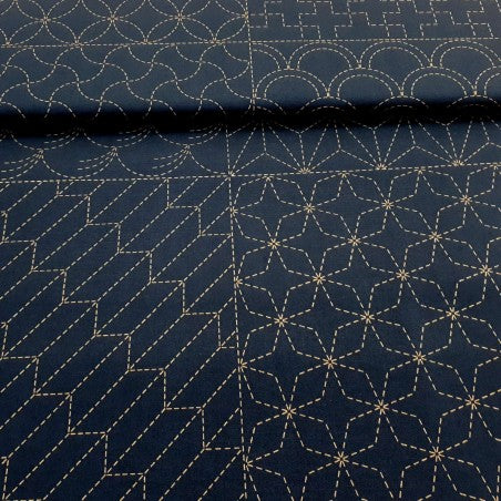 Panneau Sashiko indigo foncé - motifs géométriques (prix pour un panneau 60cm X 113cm)