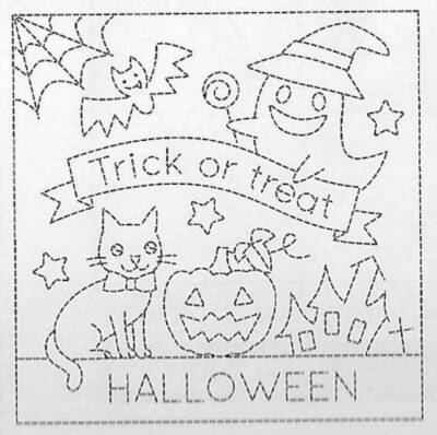 Toile Hana-Fukin trick or treat - halloween pour la réalisation de broderie Sashiko fond blanc (prix pour le coupon de 34cmX34cm)