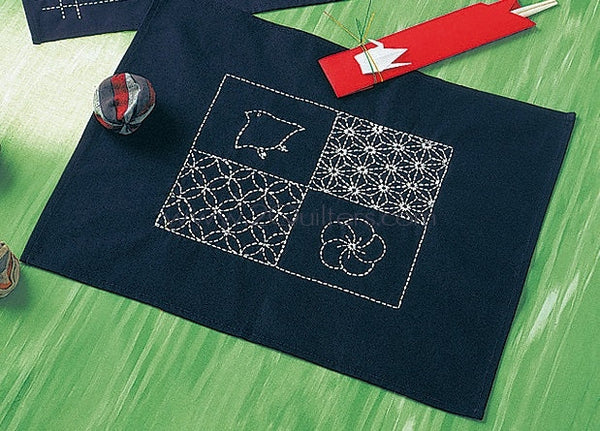 Kit set de table indigo oiseau et fleur à broder en sashiko (prix pour le kit complet)