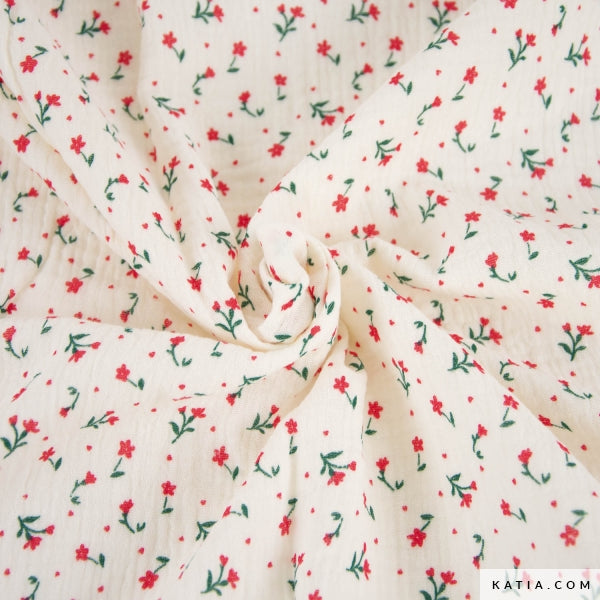 Double gaze "petites fleurs rouges" certifiée oeko-tex (prix pour 10cm)