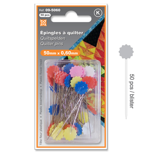 Epingles à quilter - têtes "fleurs" multicolores - 6mm d'épaisseur - 50mm de longueur (prix à la boîte de 50pièces)