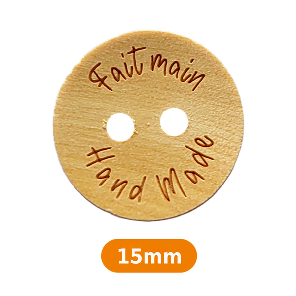 Boutons en bois 15mm - Mention Fait main/handmade  (prix à la pièce)