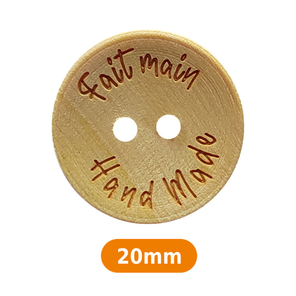 Boutons en bois 20mm - Mention Fait main/handmade  (prix à la pièce)