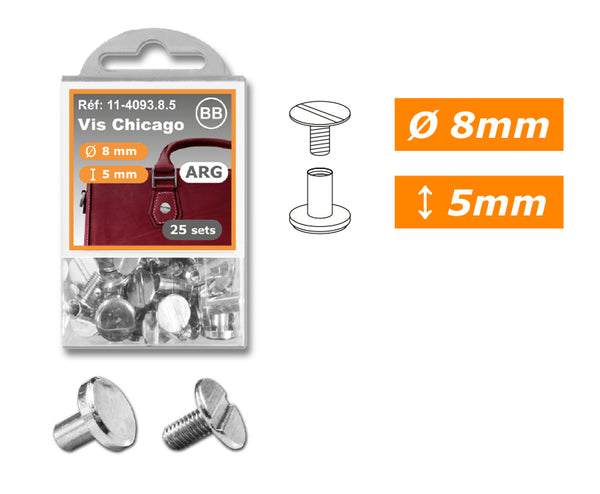 Vis chicago pour sacs et maroquinerie diamètre 8mm - tige de 5mm argent ou doré (prix pour 1 boîte de 25 sets)