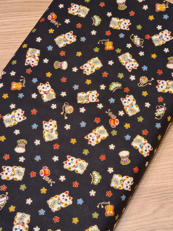 Tissu japonais 100% coton Mini Maneki Neko noir - 100% coton (prix pour 10cm)