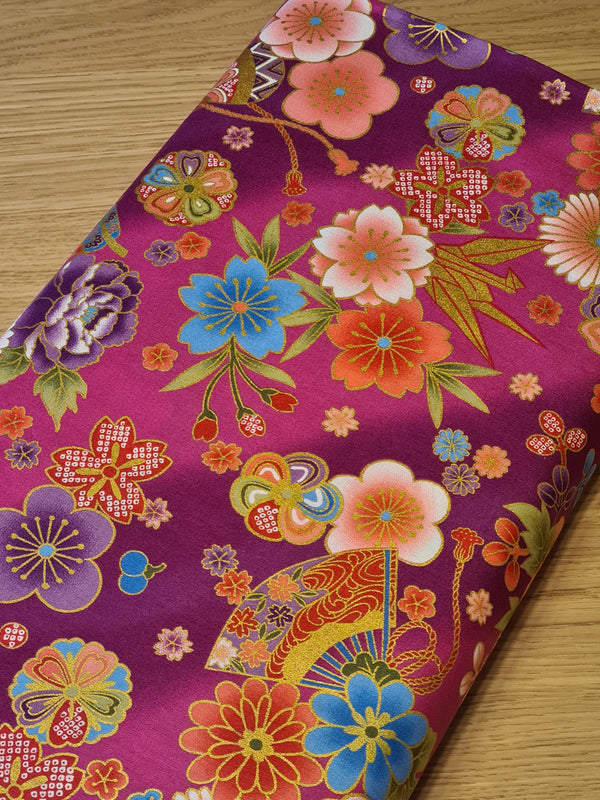 Tissu Hana Tsuru / grues fleuries - fond mauve (prix pour 10cm)