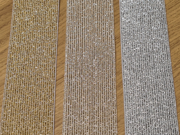 Elastique en lurex 40mm - différentes couleurs sur fond blanc(unité = 50cm)