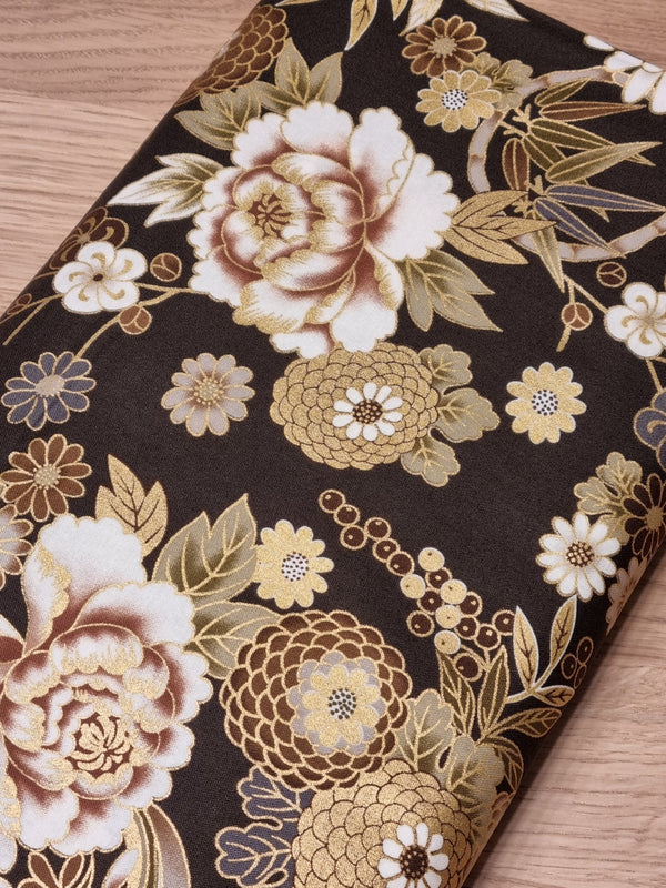 Tissu Chrysanthèmes dorés sur fond chocolat (prix pour 10cm)