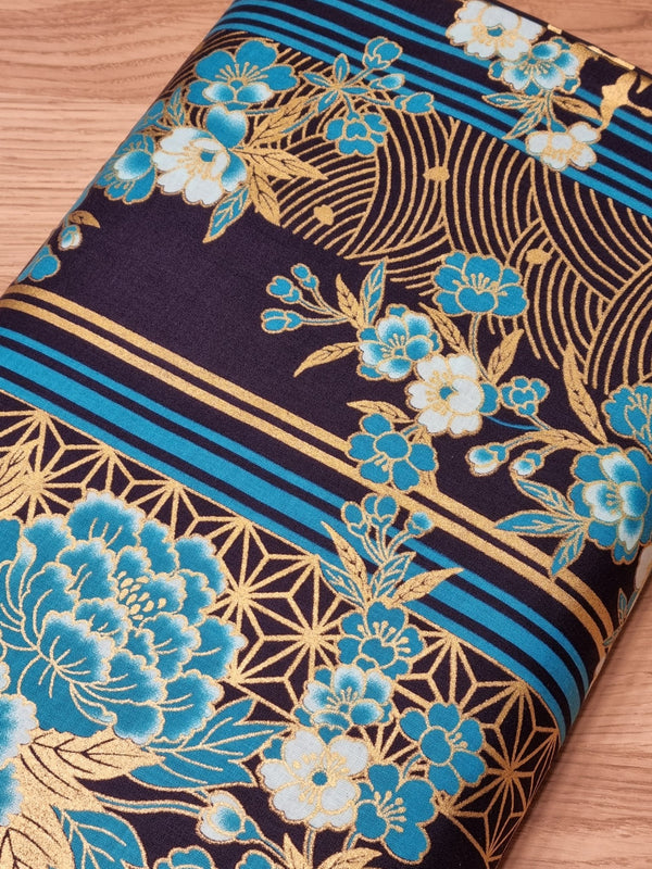 Tissu Tsuru/grues turquoise et or sur fond bleu marine (prix pour 10cm)