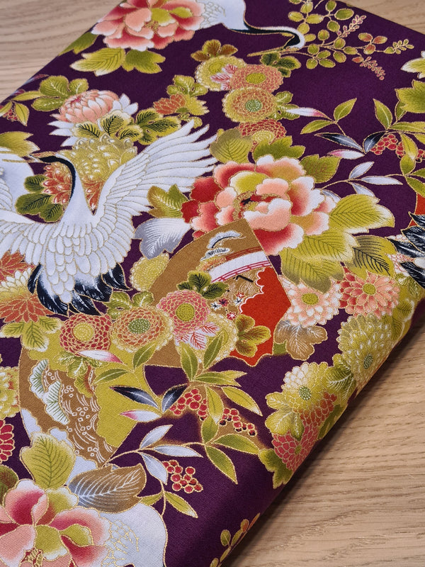 Tissu Tsuru fleuri - fond prune - marque Sevenberry (prix pour 10cm)