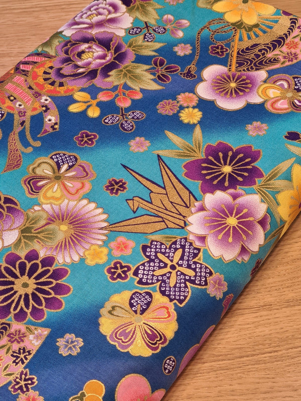 Tissu Hana Tsuru / grues fleuries - fond bleu (prix pour 10cm)