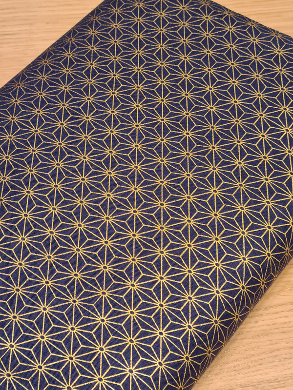 Tissu Asanoha / étoiles dorés sur fond indigo (prix pour 10cm)