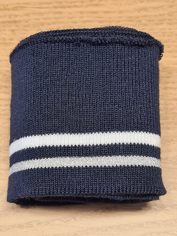 Bord cote "Bleu marine, blanc et lurex argent" ( prix à la pièce 110cm X 6cm)