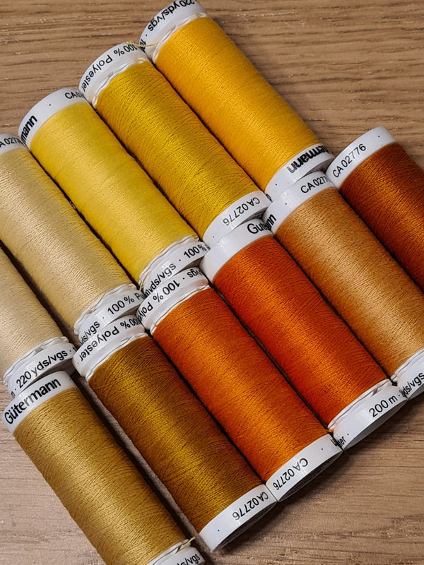 Fils Gütermann - pour tout coudre - bobine de 200m - du jaune au rouille en passant par l'orange et l'ocre (prix à la pièce)