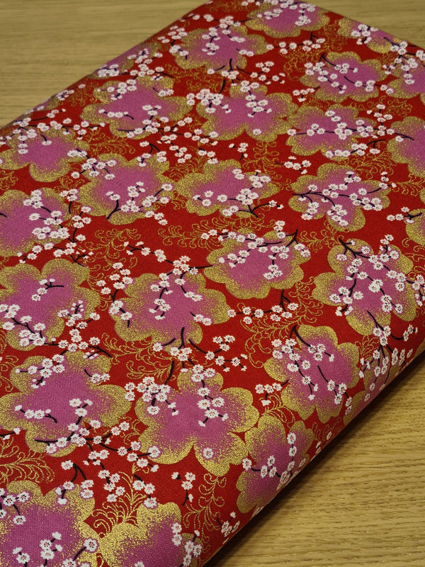 Umebana roses et dorées sur fond rouge (prix pour 10cm)