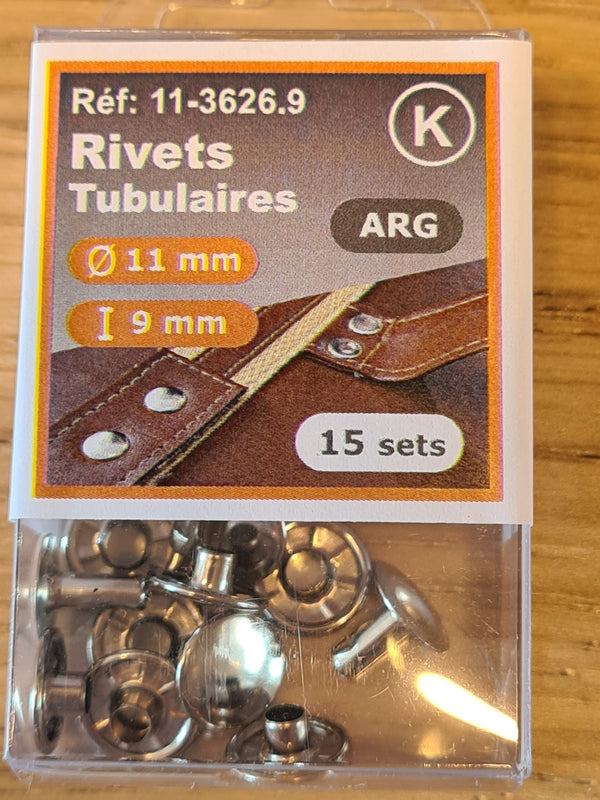 Rivets tubulaires pour sacs et maroquinerie diamètre 11mm - tige de 9mm  (prix pour 1 boîte de 15sets)