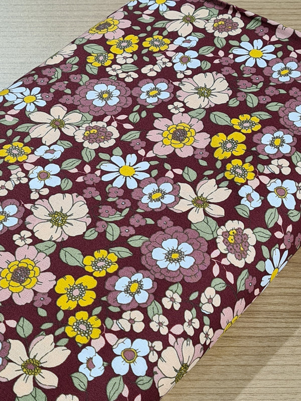 Popeline 100% coton " Vintage flowers" sur fond bordeaux certifié oeko-tex (prix pour 10cm)