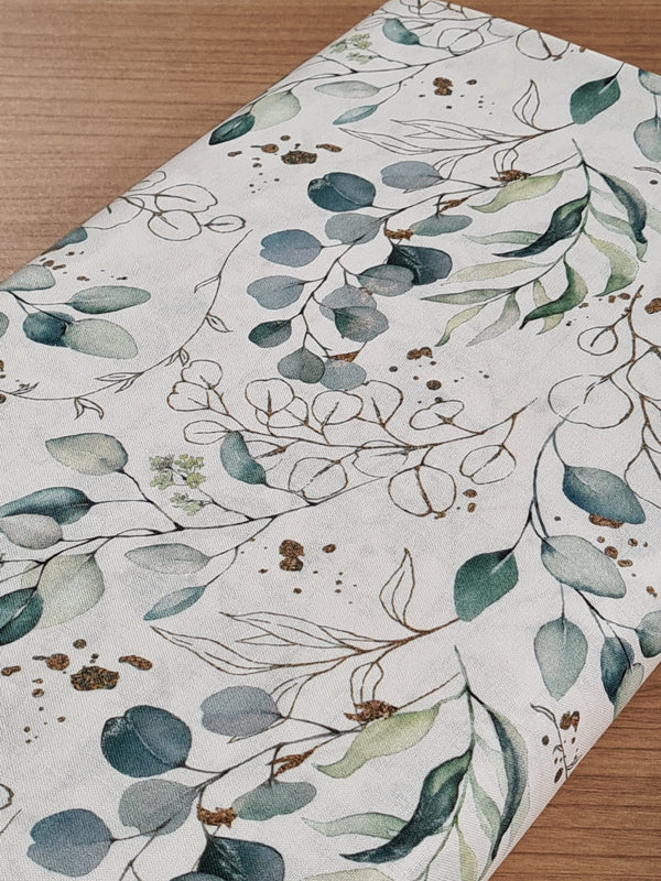 Popeline 100% coton "eucalyptus" sur fond blanc certifié oeko-tex (prix pour 10cm)
