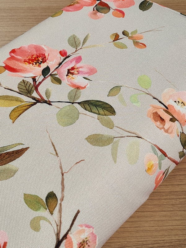 Canvas Fleurs de cerisiers sur fond beige naturel certifié oeko-tex - 100% coton (prix pour 10cm)