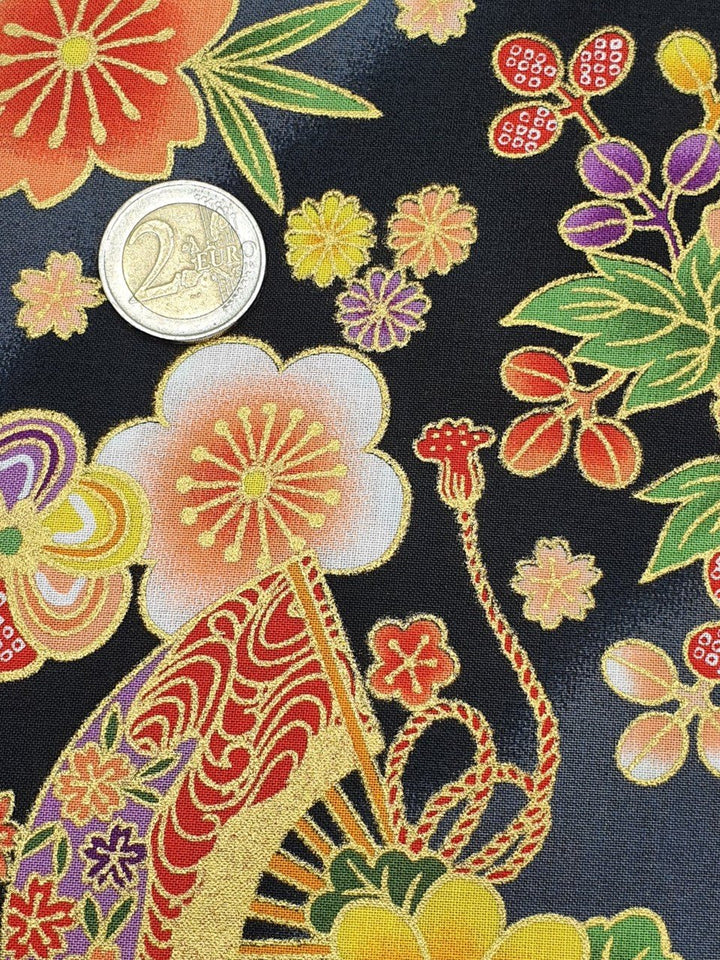 Tissu Hana Tsuru / grues fleuries - fond noir (par unité de 10cm) - C'est du Joly