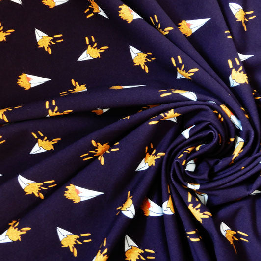 Coupon de 1,5m de French terry "Frites" sur fond bleu marine Oeko-tex