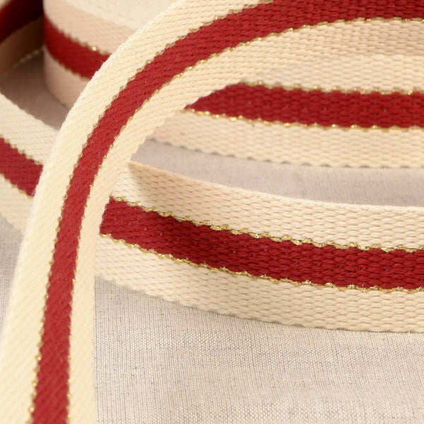 Sangles 3 bandes fil lurex de 30mm - Rouge foncé et doré (Prix pour 50cm)